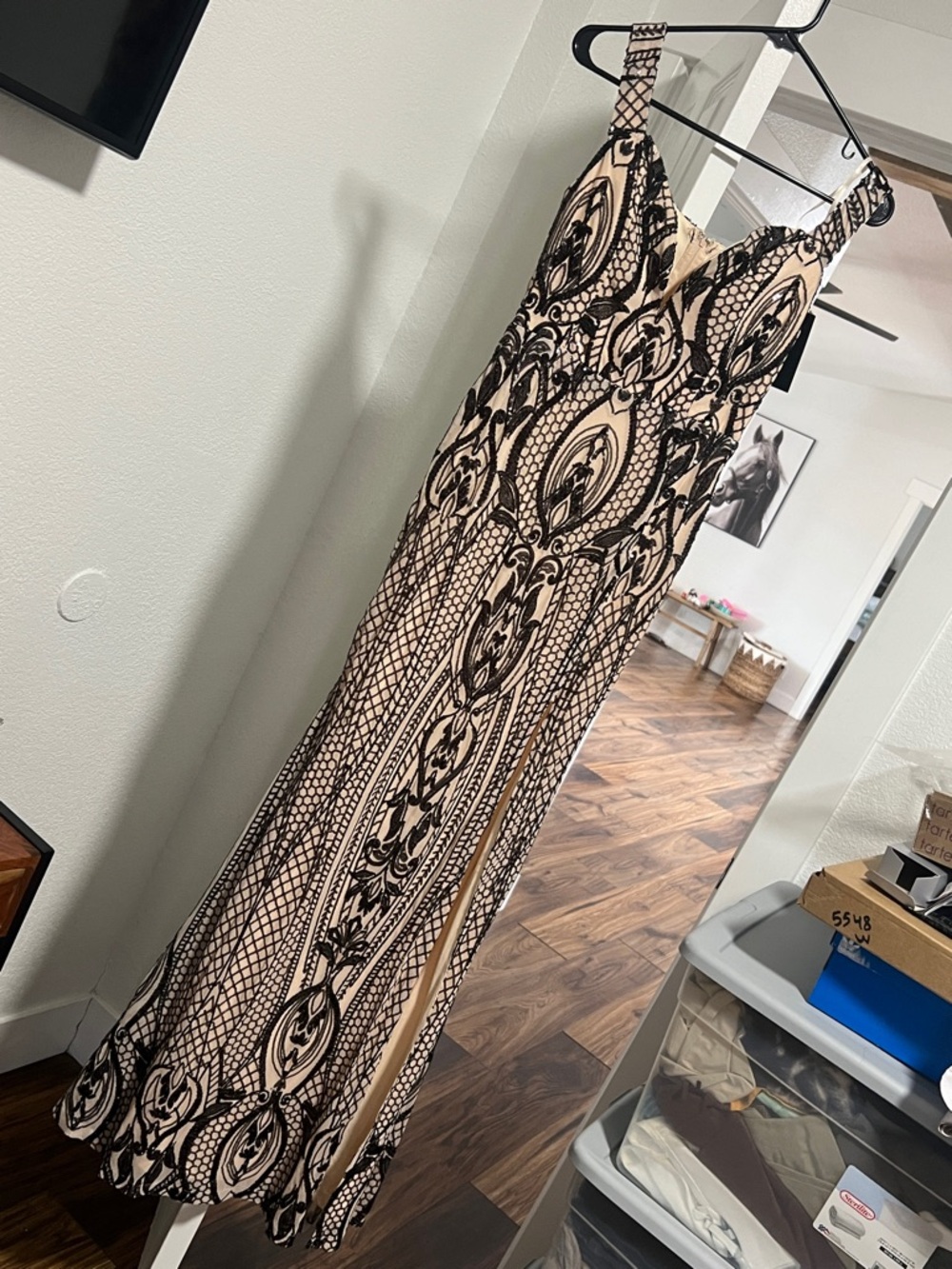 Off the shoulder heart sequin stretchy  Black and Cream Patterned Maxi Dress